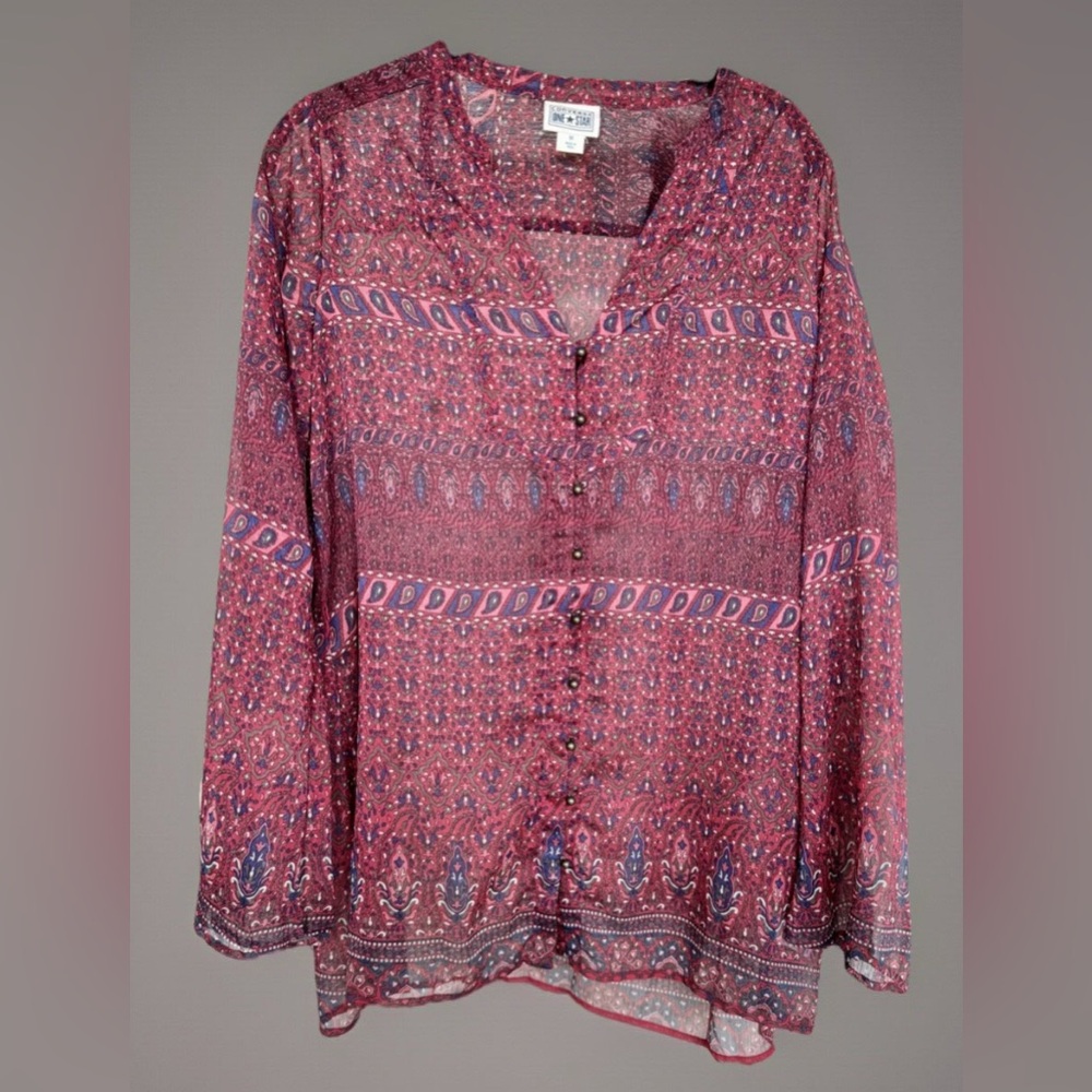 Converse One Star Long Sleeve Button Up Semi-Sheer Blouse Burgundy Boho Medium